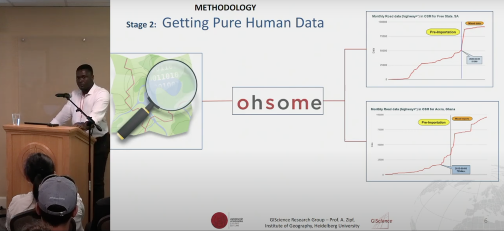 Francis Andorful shares his insights on patterns between human-generated data and AI-generated data. (Photo credit: 2024 SOTM Youtube)